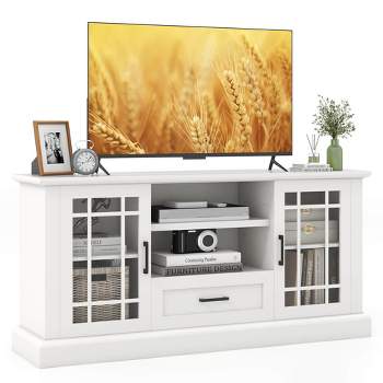 Tangkula Farmhouse TV Stand for TVs up to 70" Media Center w/Glass Doors Cubbies & Drawer