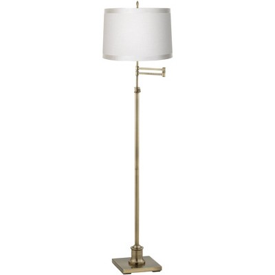 360 Lighting Swing Arm Floor Lamp Adjustable Height Antique Brass Off White Ribbon Trimmed Fabric Drum Shade Living Room Bedroom