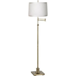 360 Lighting Swing Arm Floor Lamp Adjustable Height 70" Tall Antique Brass Off White Ribbon Trimmed Fabric Drum Shade Living Room Bedroom - 1 of 4