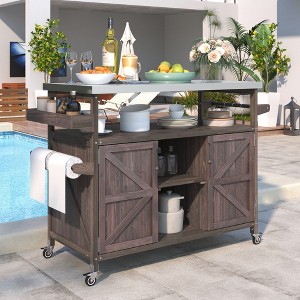 Mobile Outdoor Wooden Kitchen Island - Stainless Steel Top, Storage, Spice and Towel Racks - 1 of 4