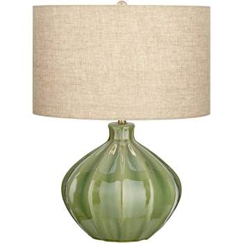 360 Lighting Gordy Modern Accent Table Lamp Handcrafted 20 1/2" High Ribbed Green Ceramic Oatmeal Fabric Drum Shade for Bedroom Living Room Bedside