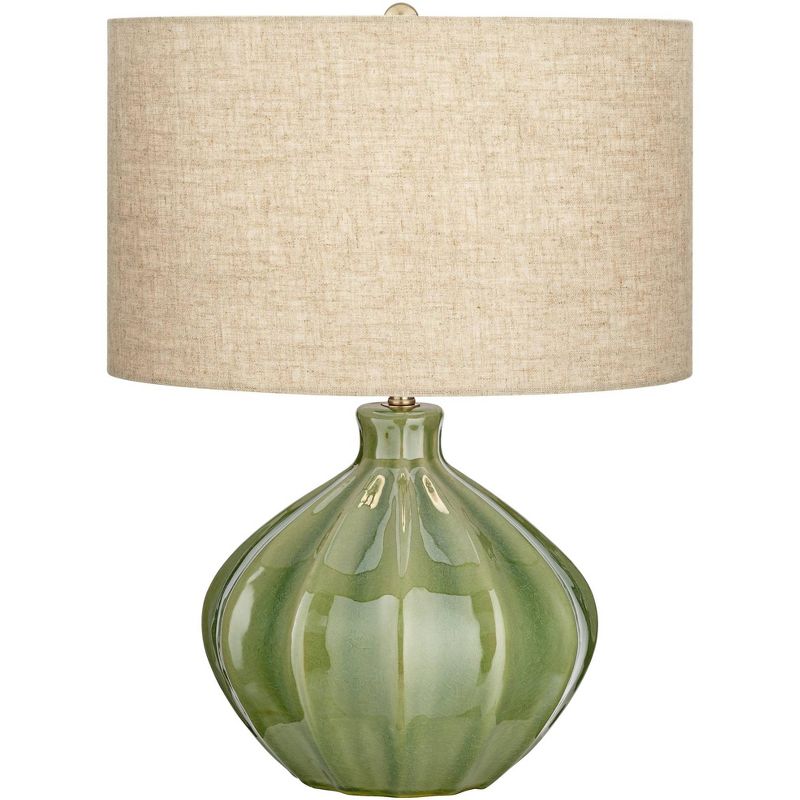 360 Lighting Gordy Modern Accent Table Lamp Handcrafted 20 1/2" High Ribbed Green Ceramic Oatmeal Fabric Drum Shade for Bedroom Living Room Bedside, 1 of 10