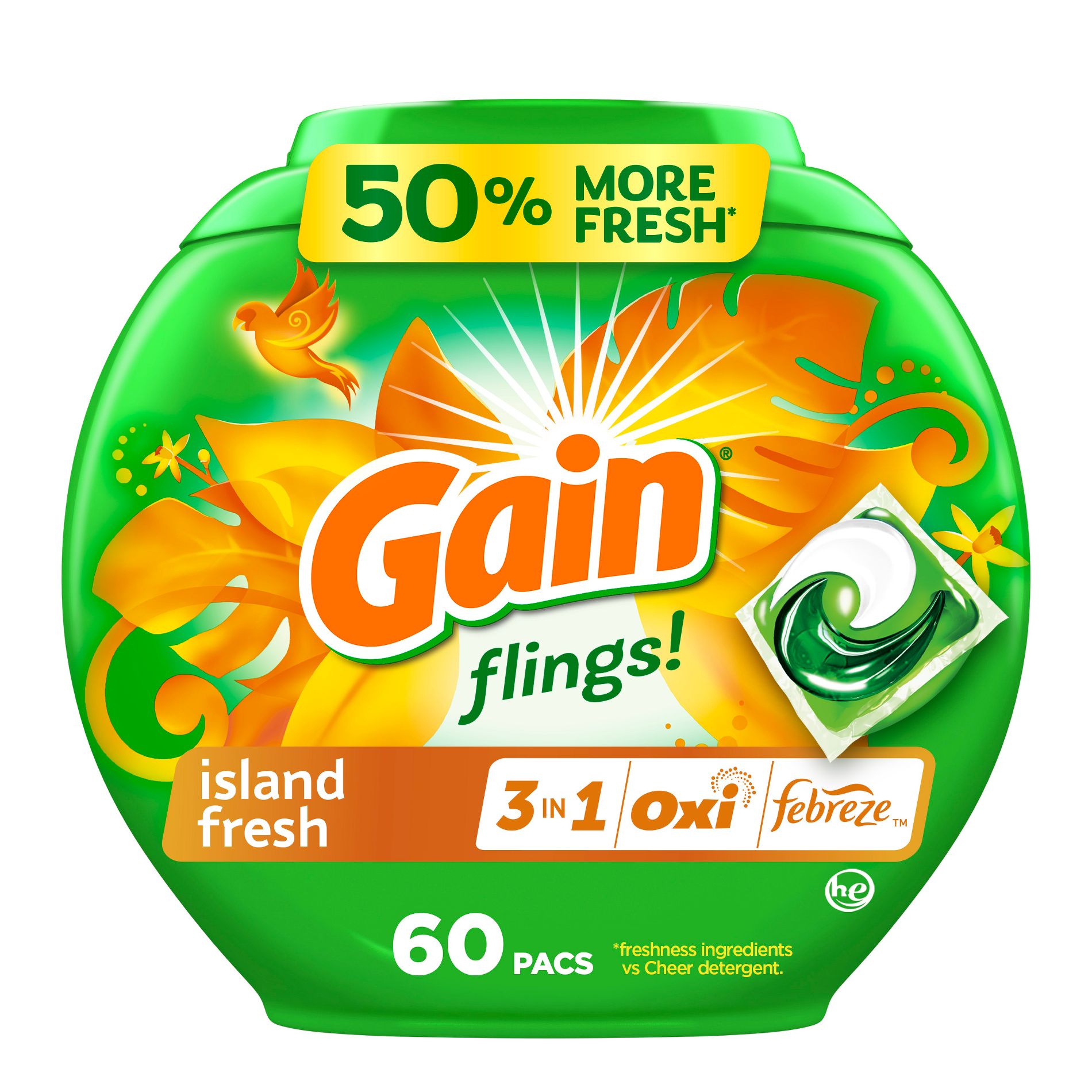 Gain Island Fresh Flings Laundry Detergents - 60ct: Plastic Tub, Odor Control, Paraben-Free, Deep Cleaning