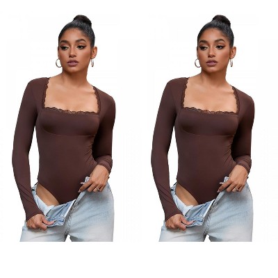 INSPIRE CHIC 2 Pcs Women's Lace Square Neck Long Sleeves Tummy Control Body Shapers