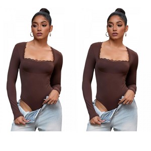 INSPIRE CHIC 2 Pcs Women's Lace Square Neck Long Sleeves Tummy Control Body Shapers - 1 of 4