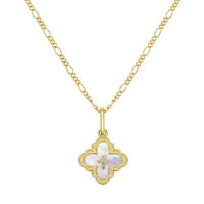Molenia Clover Cross Necklace for Women, Mother of Pearl 925 Sterling Silver 14K Gold Plated Christian Pendant, Baptism First Communion Girls Gift
