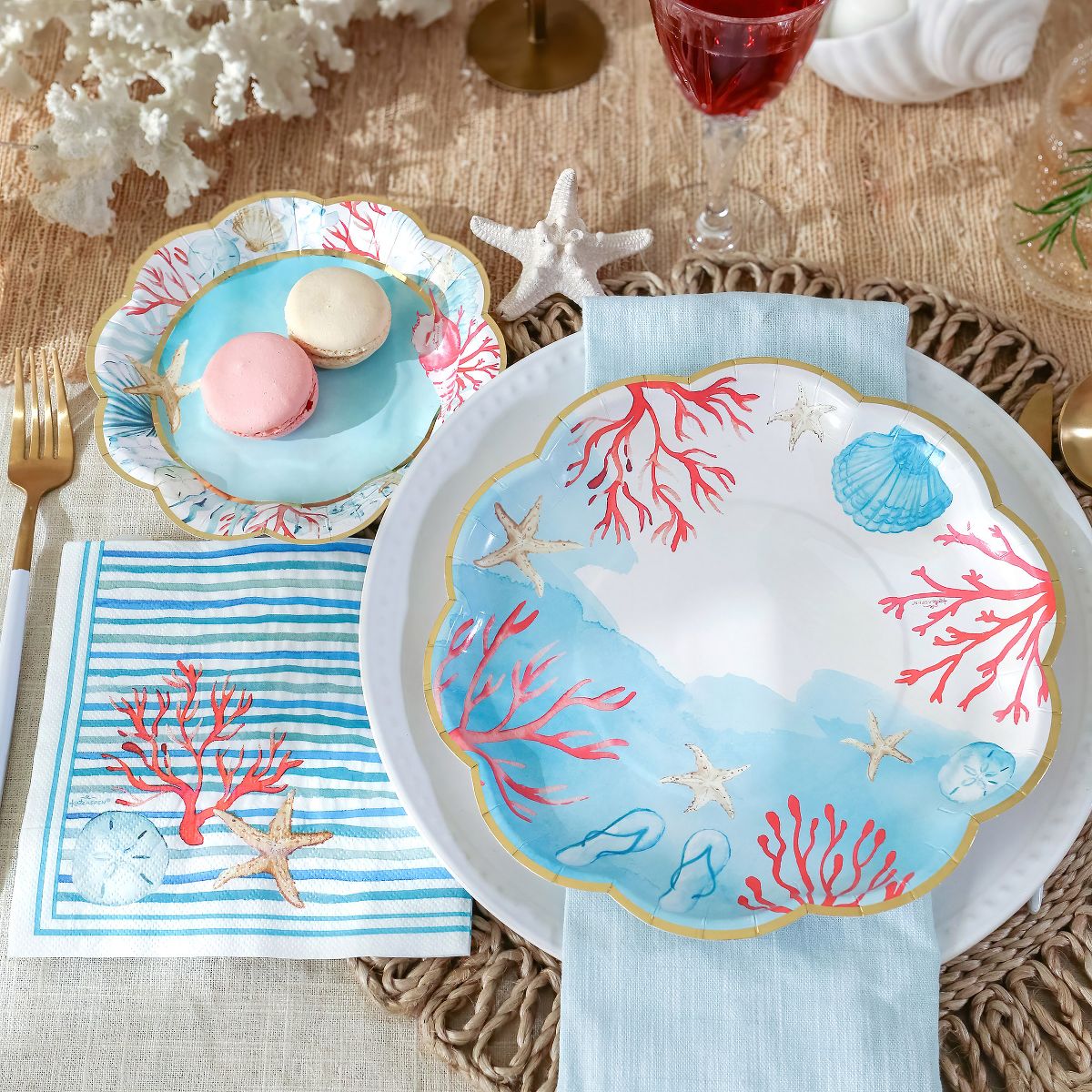Kate Aspen Beach Party 62 Piece Coastal Party Tableware Set, Birdal Shower Decorations Plates & Napkins, Vibrant Floral Nautical (16 Guests) - thumbnail 2