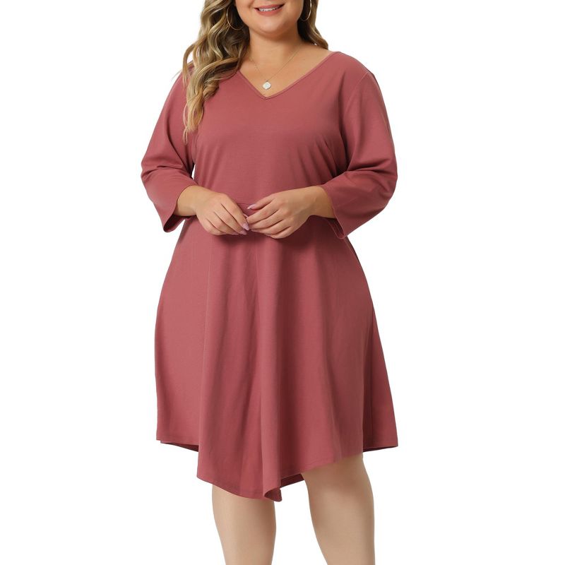 Agnes Orinda Women's Plus Size V Neck 3/4 Sleeve Casual Swing Loose A-Line Dresses, 2 of 6