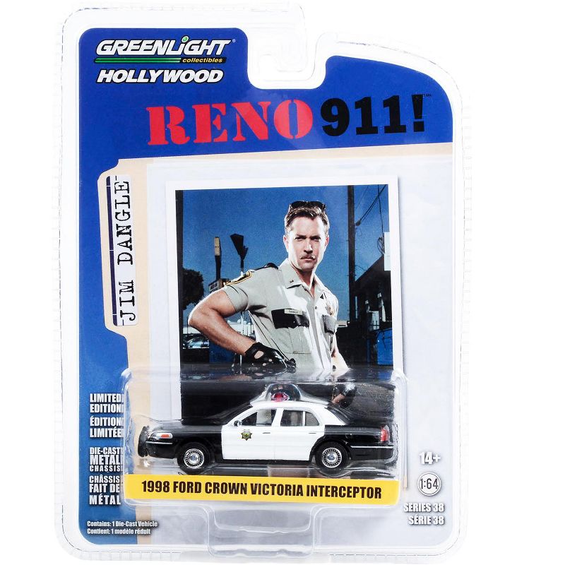 1998 Ford Crown Victoria Police Black & White Reno Sheriff's Dept. "Reno 911!" 2003-2009 TV 1/64 Diecast Model Car by Greenlight, 3 of 4