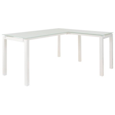 Metal L Shape Desk with Frosted Glass Top and Block Legs White - Benzara