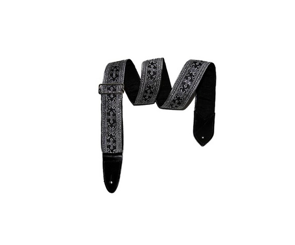 Jodi Head 2" Woven, Slide Style Guitar Strap With Leather Tips.  Silver Metallic Brocade Crosses