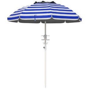 DOMETOUR 5.7' Portable Beach Umbrella with Tilt, Adjustable Height, 2 Cup Holders & Hooks, with Vented Canopy, Blue White Stripe - 1 of 4