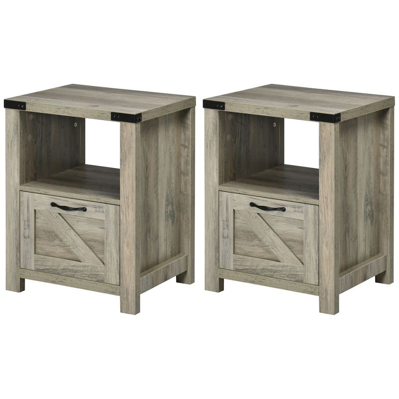 HOMCOM Farmhouse Side Table with 1 Drawer, 1 Open Shelf and Tabletop for Living Room, Set of 2, Gray Oak, 4 of 7