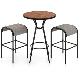 Tangkula 3 PCS Patio Bistro Set Round Table w/ 1.6" Umbrella Hole & 2 Stools Metal Frame - 1 of 4