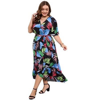 Womens Plus Size Floral Dress V Neck Wrap Dresses