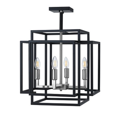 Modern 4-Light Black Cage Chandelier, Geometric Semi Flush Mount Ceiling Light for Entryway Kitchen