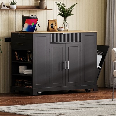 Fluted Kitchen Island on 5 Wheels, with Trash Can Storage Cabinet, Power Outlet, Internal Storage Rack, 3 Drawer, 3 Open Side Racks