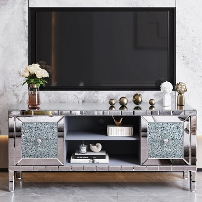 Modern Mirrored Silver TV Stand for 65" TVs, Media Console with Doors, Entertainment Cabinet for Living Room-The Pop Home