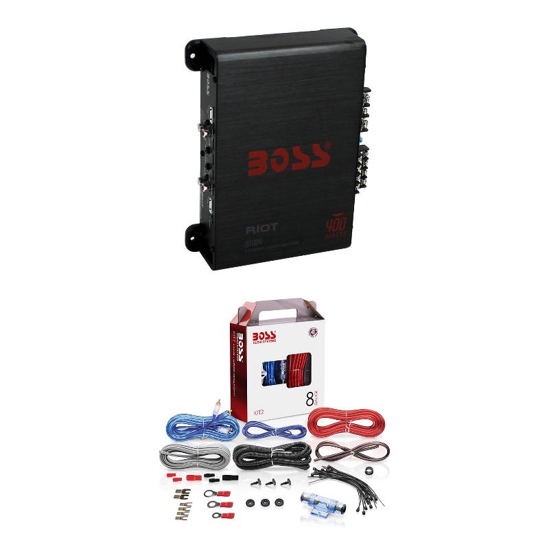 BOSS R1004 400W 4-Channel RIOT Car Audio Power Amplifier Amp and 8 Gauge Complete Car Amplifier Installation Wiring Kit, 1 of 7
