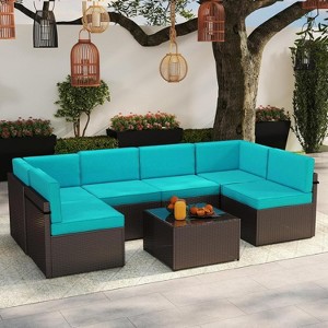 Kinsuite 7Pcs Patio Conversation Set - Wicker Backyard Furniture Outdoor Furniture with Cushions Turquiose 7 - 1 of 4