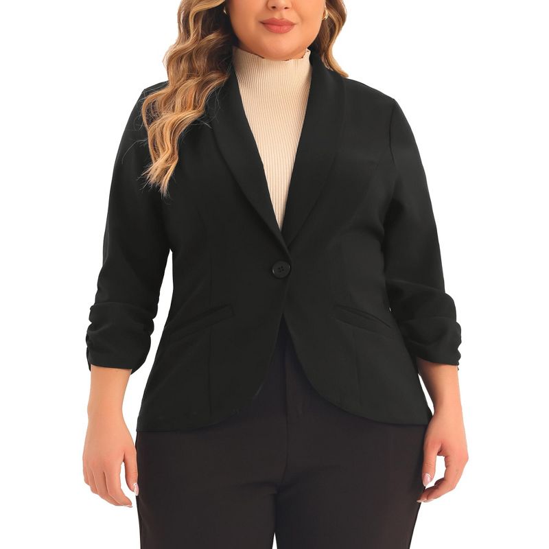 Agnes Orinda Women's Plus Size 3/4 Ruched Sleeve Open Front Lightweight Work Office Suit Blazer, 2 of 6