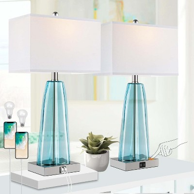 ROTTOGOON 25" Table Lamps Blue Green Glass USB Ports Art Deco 3-Way Touch Dimmable White Shade LED Bulbs Included 2-Pack