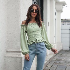 Women's Off-Shoulder Chiffon Blouse Waist Tie Long Sleeve Elegant Top - 1 of 4