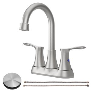 Brushed Nickel Bathroom Faucet, Centerset Basin Faucet with Handle, Pop-up Drain, and Supply Lines - Model 11 - 1 of 4