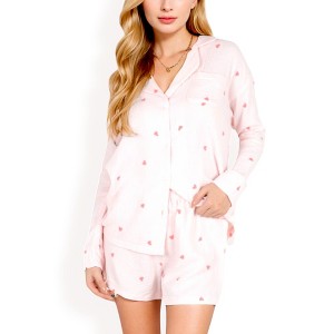 Anna-Kaci Women's Heart Print 2-Piece Pajama Set with Long Sleeve Button-Up Shirt and Relaxed Fit Elastic Waist Shorts - 1 of 4