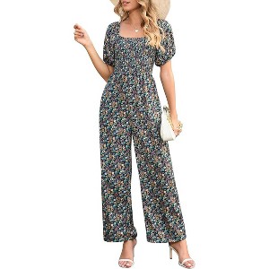 Women's Summer Smocked Jumpsuits Casual Square Neck Short Sleeve High Waist Wide Leg Rompers with Pockets - 1 of 4