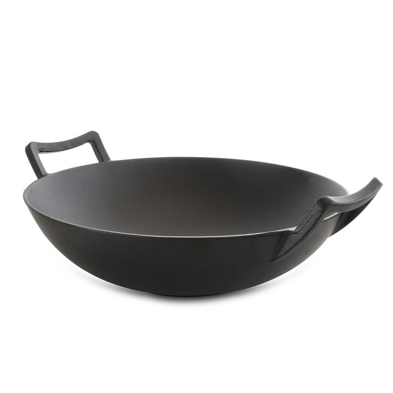 General Store Addlestone 2 Piece 14 Inch Heavy Duty Cast Iron Wok with Wood Lid, 3 of 9