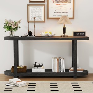 63" Entryway Table,Modern Minimalist Console Table with Ash Veneer Oval Top and Bottom Shelf for Hallway,Living Room,Foyer-Baofuwish - 1 of 4