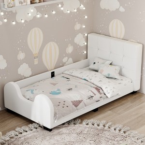 YOOCOZZ Twin Size Upholstered Wood Platform Bed with Headboard and Right Guardrail - 1 of 4