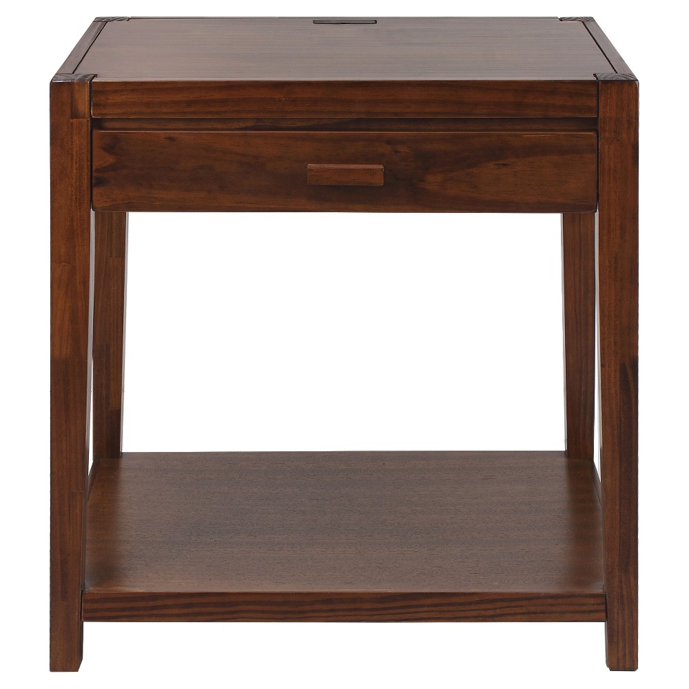 26" Nightstand with USB Port Warm Brown - Flora Home: Solid Wood, Metal Frame, Open Shelf