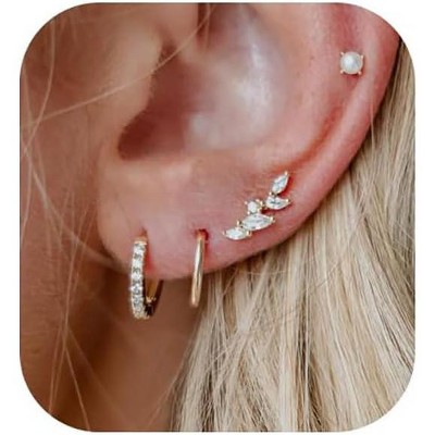 Gold Earrings for Women, 14k Gold Plated Dangle Huggie Earrings for Women Trendy Dainty Gold Hoop Earring Stacks Pearl Chain Drop Cartilage