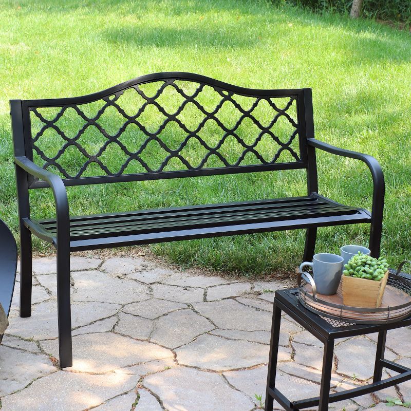 Sunnydaze 2-Person Lattice Design Black Cast Iron Outdoor Garden Bench, 3 of 13