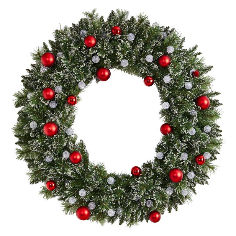 Nearly Natural 48&#34; Pre-lit LED Decorated Frosted Pine Artificial Christmas Wreath Green with Warm White Lights, 4 of 8