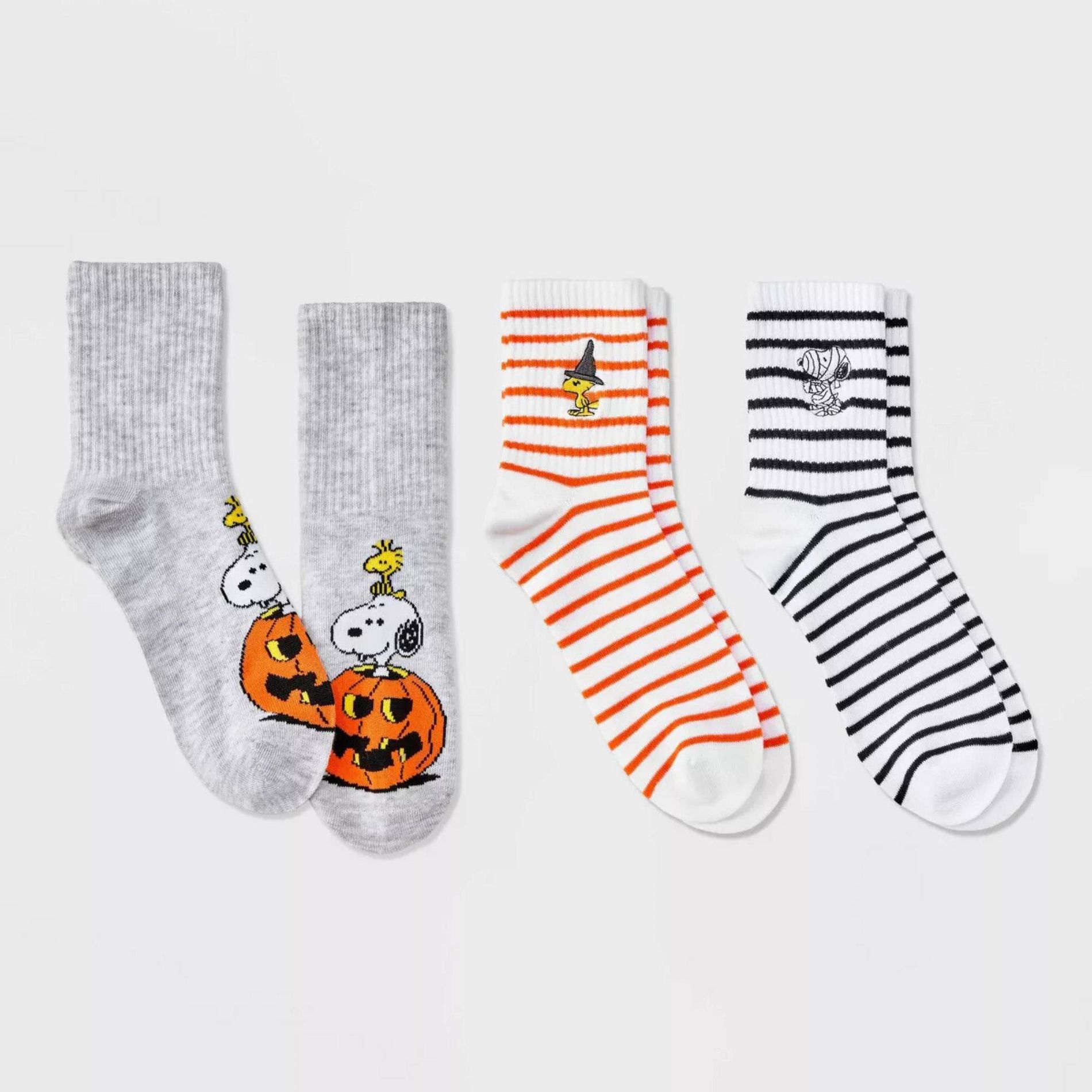 Women's Peanuts Embroidered Halloween 3pk Mid Crews Socks - White/Orange/Black