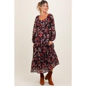 Pinkblush Brown Floral V-Neck Bubble Sleeve Maternity Maxi Dress - 1 of 4