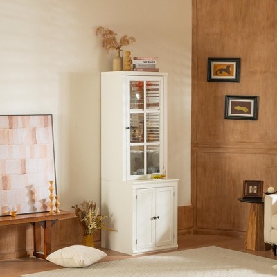 VYNXARIA Elegant 23.65"W*75.25"Tall Cabinet with Single Tempered Glass Door,Versatile Hutch with Double-Action Left & Right Doors,White