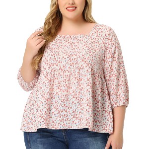 Agnes Orinda Women's Plus Size 3/4 Sleeve Square Neck Floral Peplum Babydoll Blouses - 1 of 4