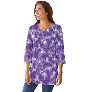 Woman Within Perfect Printed Three-Quarter-Sleeve V-Neck Tunic - 1 of 4