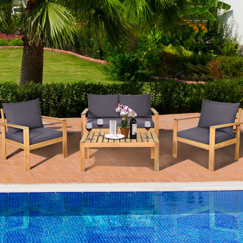 Tangkula 4 PCS Outdoor Acacia Wood Conversation Sofa Table Furniture Set W/ Grey Cushions, 3 of 11
