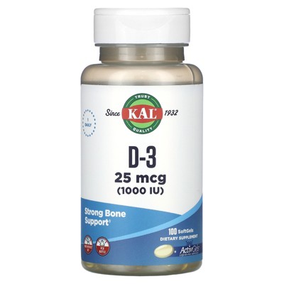 KAL Vitamin D3 1000 IU Softgels (25 mcg), Active Form of Vitamin D, Calcium Absorption, Bone Health, Immune Support Supplement, Liquid Filled