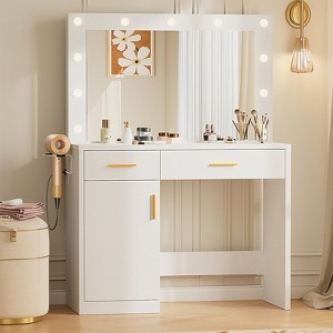 Okak Minimalist White Vanity Table with Big Mirror & LED Lights,Storage Dressing Desk with Drawers & Cabinets,Makeup Table for Bedrooms - 1 of 4