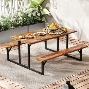 Costway 6-Person Acacia Wood Picnic Table with 2 Built-In Benches Umbrella Hole Metal Frame - 1 of 4