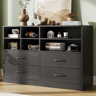 Bedroom Dresser with 4 Drawers & 6 Open Shelves, Modern Wooden Dresser for Bedroom, Living Room and Entryway