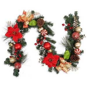 6ft Christmas Wreath with Lights - Battery Operated Artificial Vine, Classic Red & Gold Decor, Pre-Lit for Staircase & Fireplace Decorations - 1 of 4