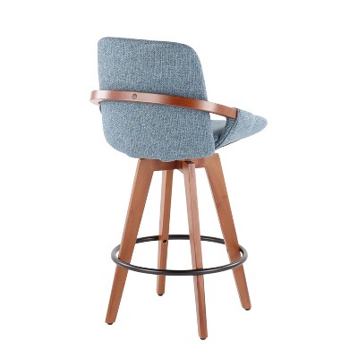 Walnut and Blue Mid-Century Modern Swivel Counter Stool