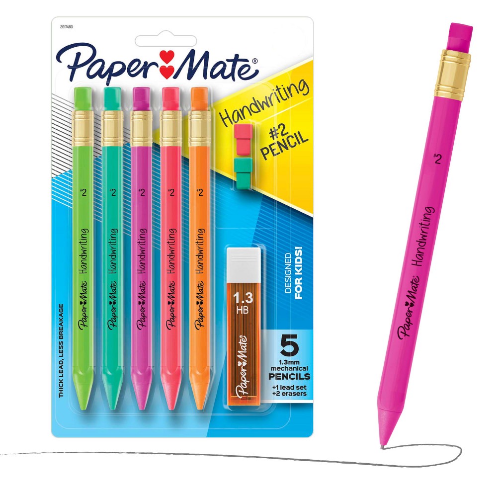 Paper Mate Handwriting 5pk #2 Mechanical Pencils with Eraser and Refill 1.3mm Assorted Colors: School Supplies for Kids